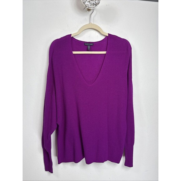(A5)Eileen Fisher Sweater Size L Petite Relaxed Wool RHAPSODY V-neck Boxy Purple - Picture 1 of 12